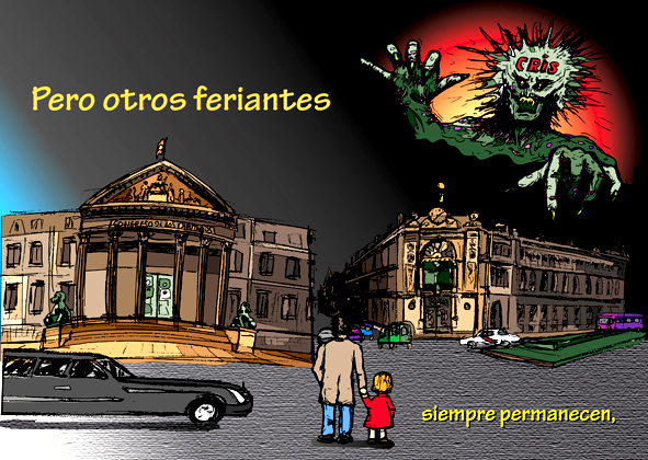 Un padre y su hija frente al palacio de lod diputados y el banco de España