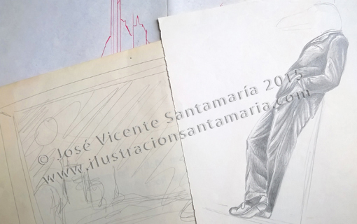 Boceto ilustración Pasado, presente y futuro. Grafito y rotulador  © José Vicente Santamaría – Valencia – Spain